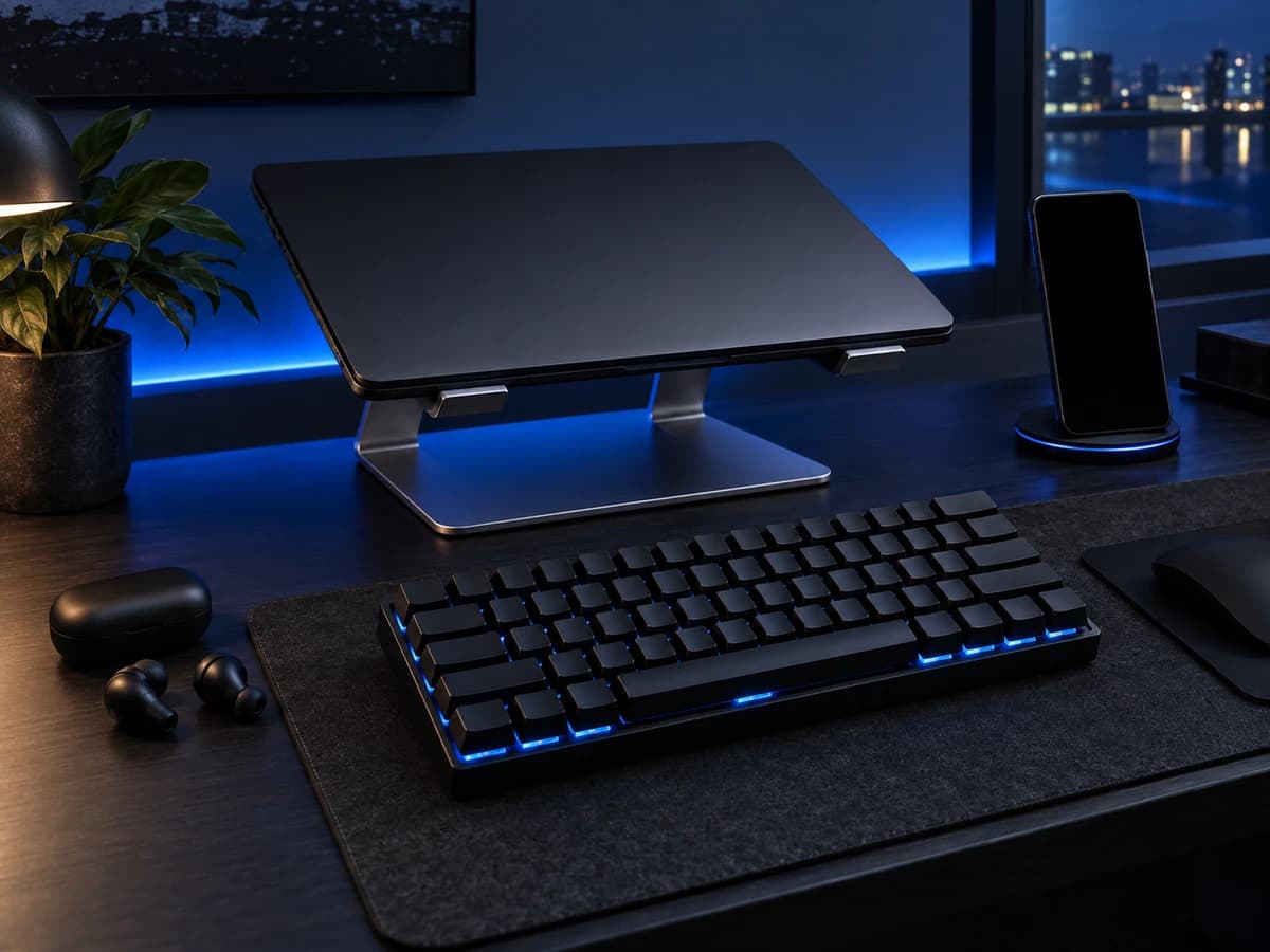 A desk setup with a laptop stand, keyboard and earbuds